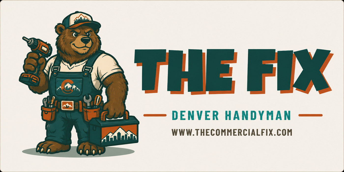 The Commercial Fix — Denver commercial repair. Bear mascot in overalls holding a drill and a toolbox.